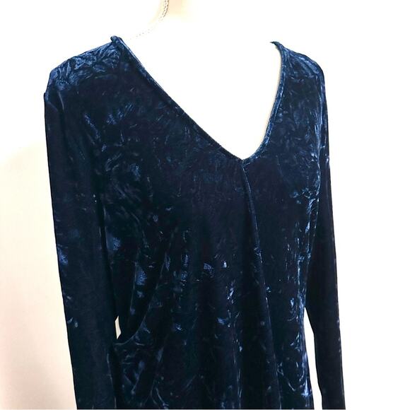 Velvet Velour Below Knee Long Sleeve V-Neck Dress Blue Womens XXL Party Wedding - Picture 3 of 4